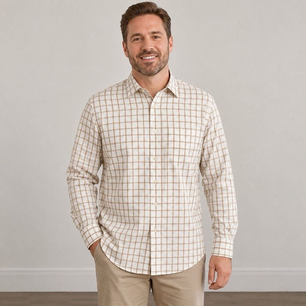 Robert Talbott Mens 17-34 XL Dress Shirt Tan Windowpane Check USA